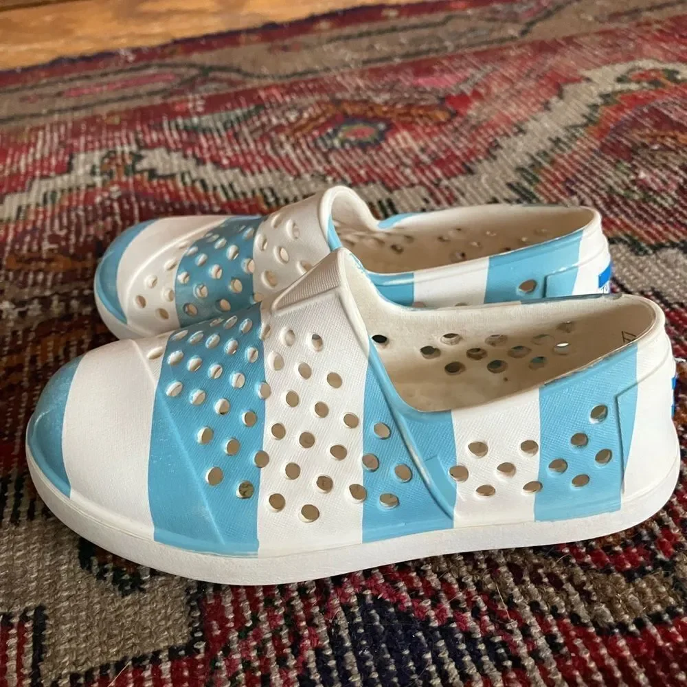 Toms Blue and White Shoes with Slip-On Style and Ventilated Design